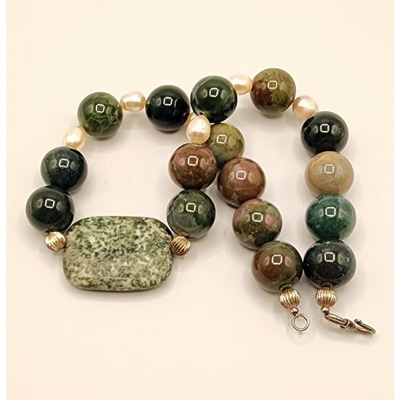 Artisan Gemstone Necklace Indian Agate Jasper Pearl w/ Sterling Clasp - Picture 5 of 8